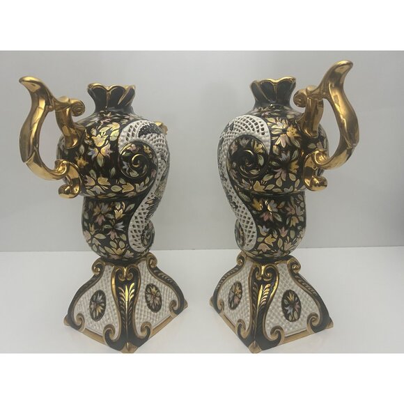 Pair of gilded Rococo majolica decor ewers lamps reticulated hand painted Italy - Picture 7 of 16